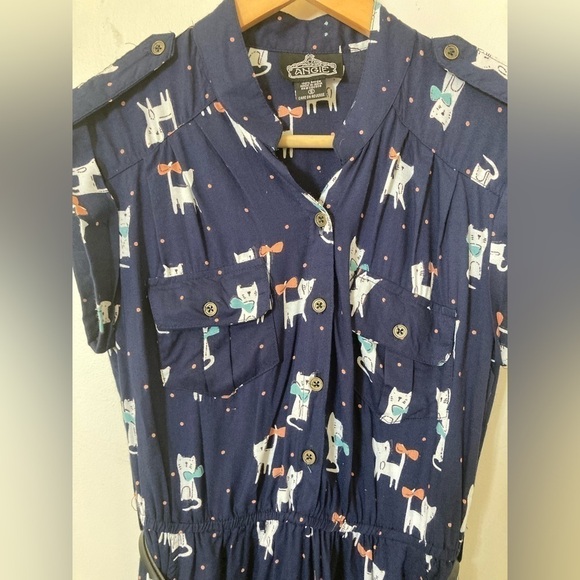 ANGIE cat print mini dress button front elastic roll tab sleeves - Picture 8 of 11